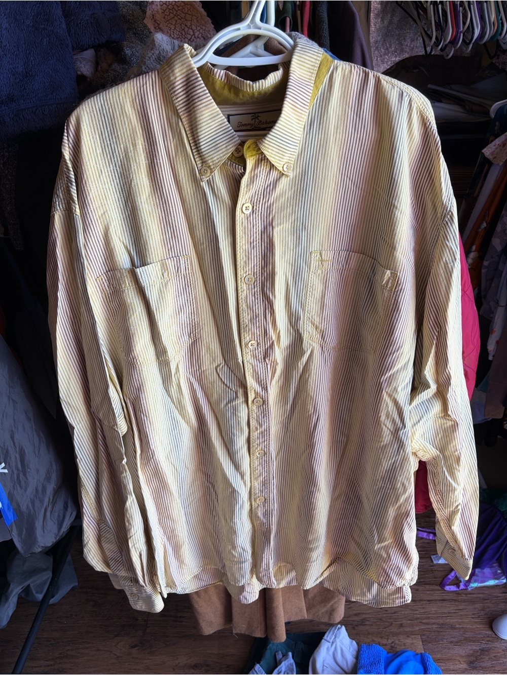 Tommy Bahama Yellow and White Striped Button-Up Shirt 100% Silk XXL